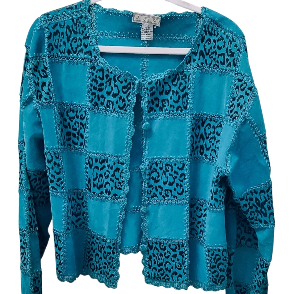 VINTAGE . Women's Turquoise Leopard Patchwork Jacket Sz XL - Picture 3 of 7
